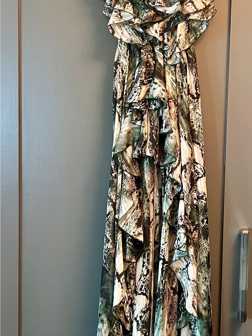 monaco Olive and Brown Snake-Print Ruffled Maxi Dress